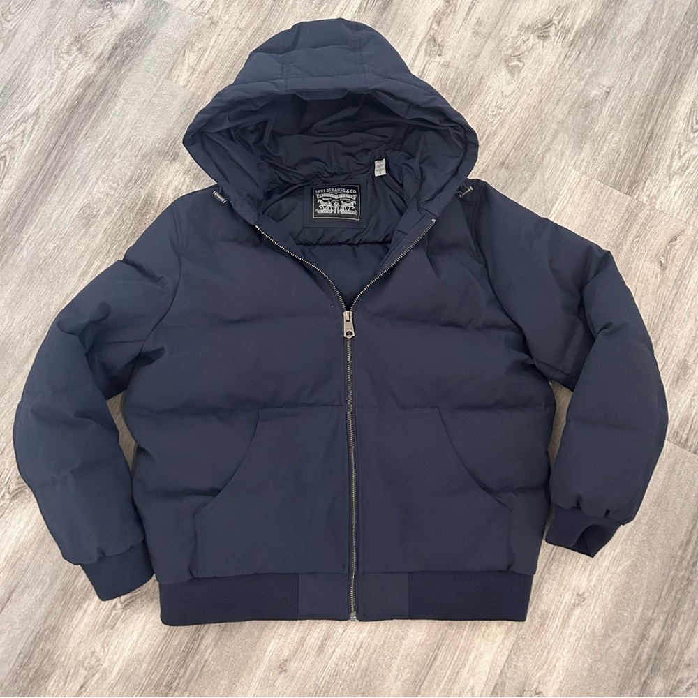 Levi’s Quilted Puffer Bomber Jacket Coat Hooded Mens L Navy Blue Thick Heavy